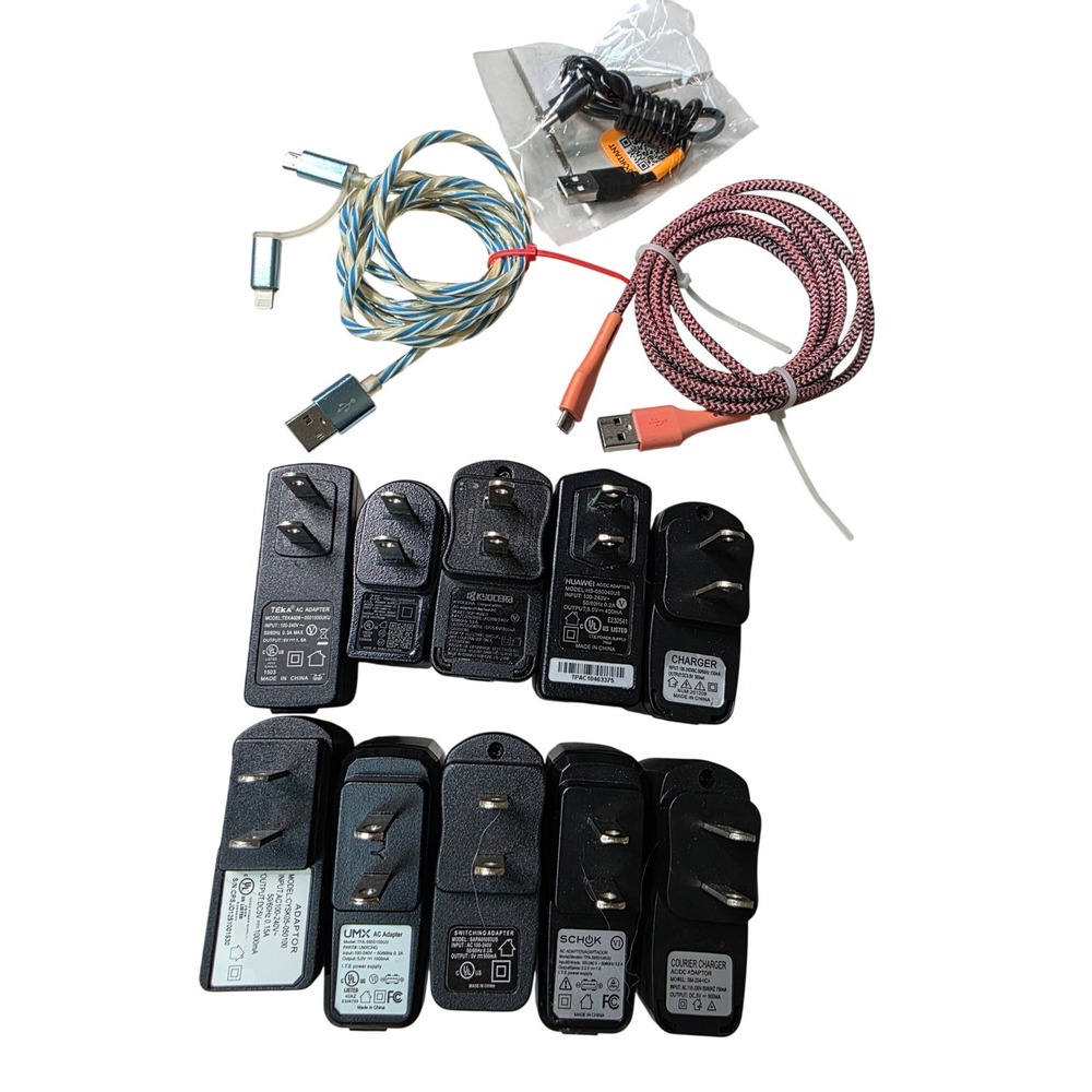 10 USB Wall Charger Adapters 3 Cables Huawei Kyocera ZTE Schok UMX Mixed W4